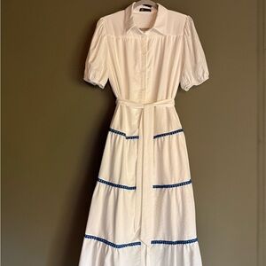 Elegant White Dress with Blue Accents